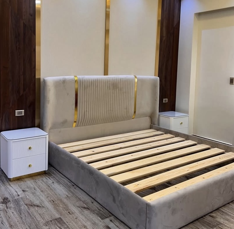 Queen size fabric bed with two side bed drawers 