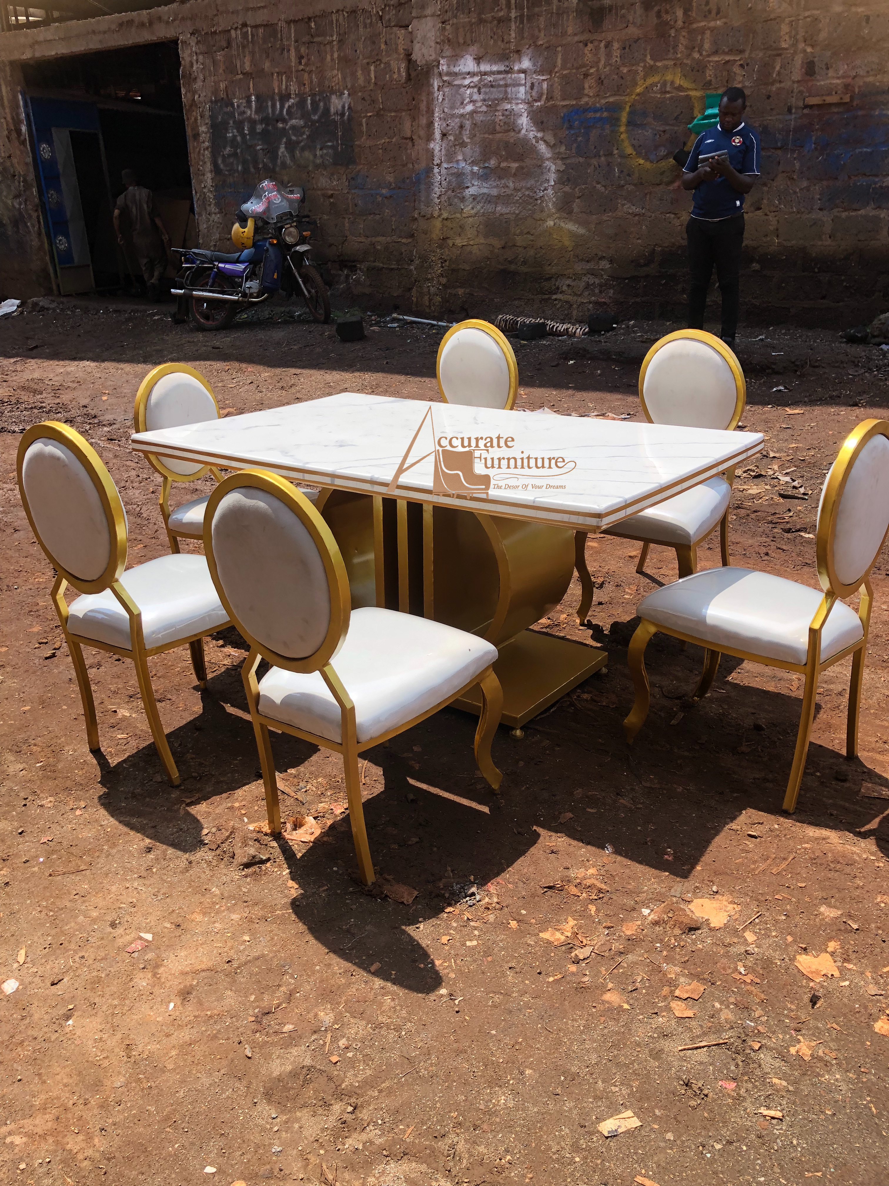 Marble rectangular stainless steel dinning table six seater